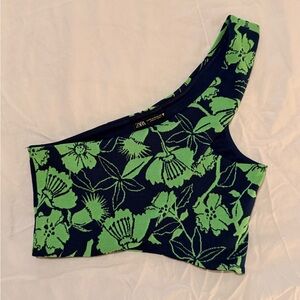 Zara Green & Navy Blue Floral Crop Top Size M Off One Shoulder